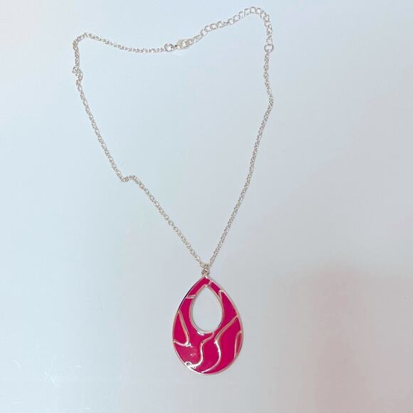 Adjustable Pink Enamel Teardrop Necklace w Silver Waves for Plus Size Women Gift - Picture 2 of 5